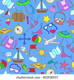 Seamless pattern with simple hand-drawn color icons on the theme of summer and vacation on a blue background