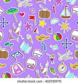 Seamless pattern with simple hand-drawn color icons on the theme of summer and holiday, stickers on purple background
