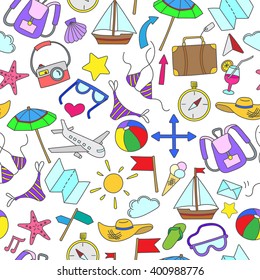 Seamless pattern with simple hand-drawn colored icons on the theme of summer and vacation, light background