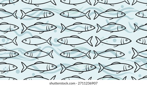 Seamless pattern of simple, hand-drawn fish swimming in rows against a light blue background with wavy lines, creating a cute and minimalist nautical wallpaper.