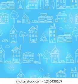 Seamless pattern with simple hand-drawn houses and trees ,outline sketches on a blue background
