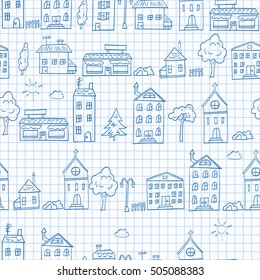 Seamless pattern with simple hand-drawn houses and trees on the page of the notebook into a cell