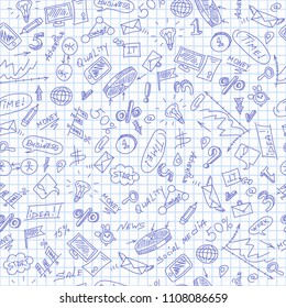 Seamless pattern with simple hand-drawn icons on a theme business,blue  contour  icons on the clean writing-book sheet in a cage