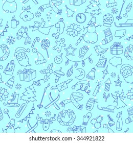 Seamless pattern with simple hand-drawn icons on the theme of winter holidays, outline on a blue background