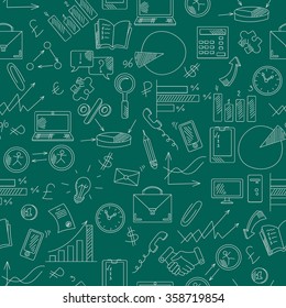 Seamless pattern with simple hand-drawn icons on a theme business, white contour on green background