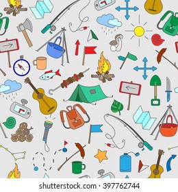 Seamless pattern with simple hand-drawn icons on the theme of camping and traveling on white background
