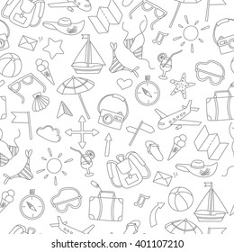 Seamless pattern with simple hand-drawn icons on the theme of summer and vacation, dark outline on a light background