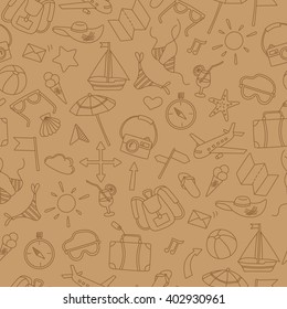Seamless pattern with simple hand-drawn icons on the theme of summer and vacation, sepia background