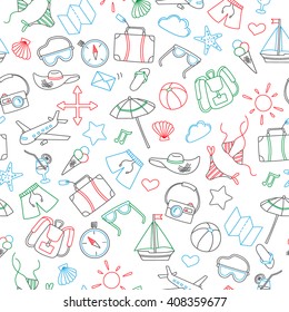 Seamless pattern with simple hand-drawn icons on the theme of summer and vacation, colour outline on a light background
