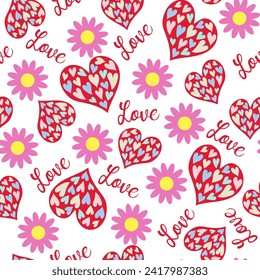 Seamless pattern of simple  hearts for wrapping paper or fabric. Hand drawn style. Vector illustration.