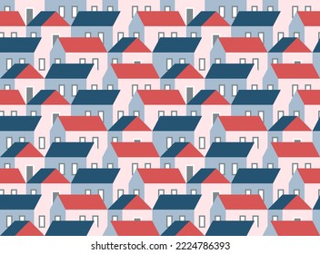 Seamless pattern of simple houses. Many homes of cottage country. Vector illustration