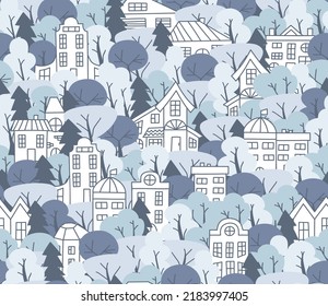 Seamless pattern with simple houses and trees. Winter time background