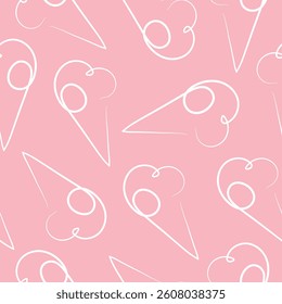seamless pattern with a simple icon of a cone with ice cream scoops drawn with one contour in line art style on a pink background