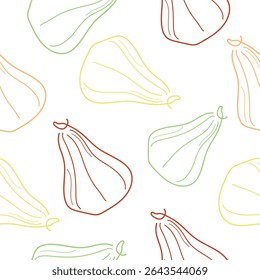 seamless pattern with a simple icon in line art style with a round ripe pumpkin of an oblong shape drawn with several multi-colored lines without a background, for logos or patterns