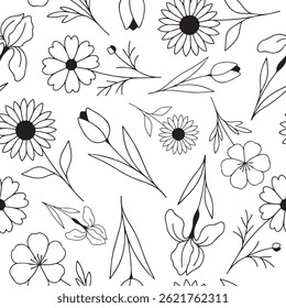 padrão perfeito com ícones simples de botões de várias flores com pétalas de diferentes tamanhos desenhadas com várias linhas em estilo de arte de linha, para logotipos e tatuagens