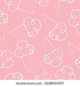 seamless pattern with simple icons of a cone with three scoops of ice cream in line art style drawn with one outline on a pink background