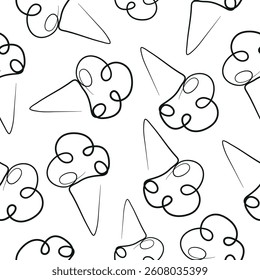 seamless pattern with simple icons of a cone with three scoops of ice cream in line art style drawn with one outline