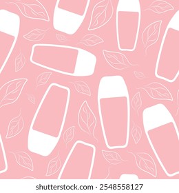 seamless pattern with simple icons of cosmetics and leaves on a pink background, for various packaging or advertising