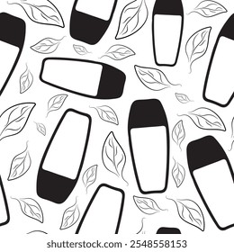 seamless pattern with simple icons of cosmetics and leaves arranged randomly, for various packaging or advertising