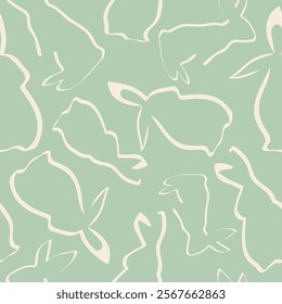 seamless pattern of simple icons of easter bunny in different poses with long ears drawn with lines on a green background, for various logos or designs