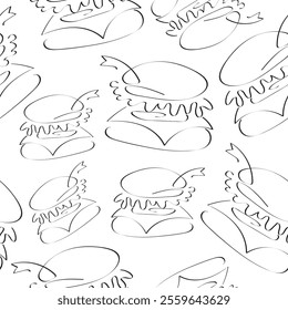 seamless pattern with simple icons of fast food, namely burger, drawn in line art style