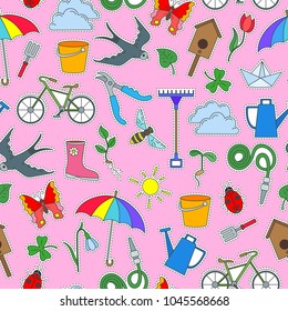 Seamless pattern with simple icons on a theme of spring , colored patch icons on a pink background