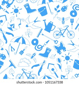 Seamless pattern with simple  icons on the theme of spring , blue  silhouettes icons on a light  background 