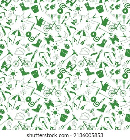 Seamless pattern with simple  icons on the theme of spring , green  silhouettes icons on a light  background 