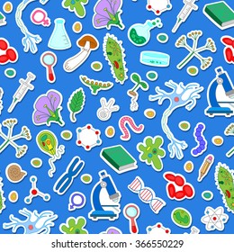 Seamless pattern with simple icons on the biology and training of colored stickers on a blue background