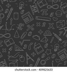 Seamless pattern with simple icons on the theme of mathematics and learning , bright outline on a dark background