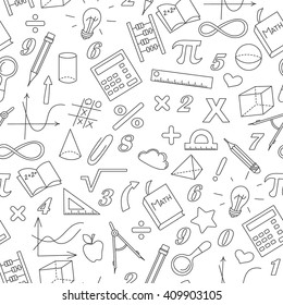 Seamless Pattern With Simple Icons On The Theme Of Mathematics And Learning , The Dark Contour On A White Background