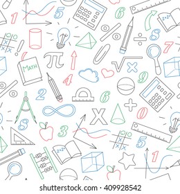 Seamless pattern with simple icons on the theme of mathematics and learning , colored marker on white background