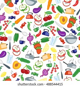 Seamless pattern with simple icons on a theme kitchen accessories and food , color icon on a light background