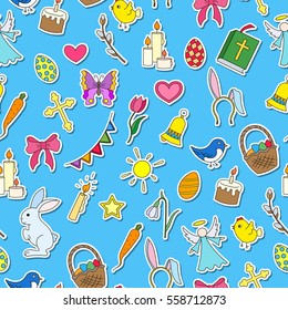Seamless pattern with simple icons on a theme the holiday of Easter ,icons stickers on blue background