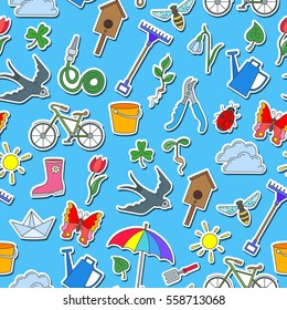 Seamless pattern with simple icons on a theme of spring , colored stickers on a blue background