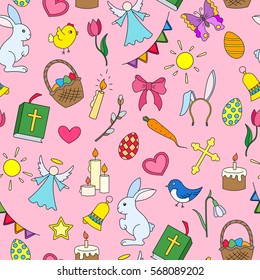 Seamless pattern with simple icons on a theme the holiday of Easter ,colored icons on pink background