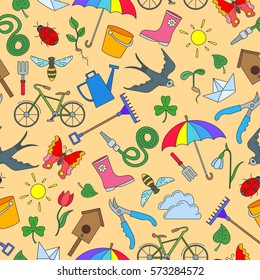Seamless pattern with simple  icons on the theme of spring , color icons on  yellow background