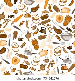 Seamless pattern with simple icons on a theme kitchen accessories and food icon on a light background ,sepia ,brown tone