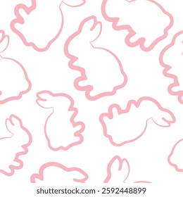 seamless pattern with simple icons of pink washed rabbit in line art style arranged randomly, for logos or various holiday designs