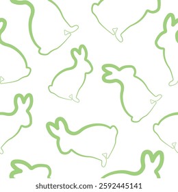 seamless pattern with simple icons of a rabbit sitting on its hind legs in green color in line art style arranged randomly, for logos or various holiday designs