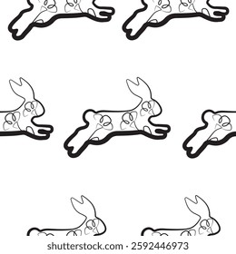 seamless pattern with simple icons of a rabbit in the moment of jumping with flower buds in line art style, for logos or various holiday designs