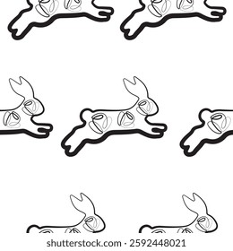 seamless pattern with simple icons of rabbit in the moment of jumping with rose buds in line art style, for logos or various holiday designs