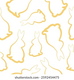 seamless pattern with simple icons of a rabbit sitting and turned to the right side in yellow color in line art style arranged randomly, for logos or various holiday designs