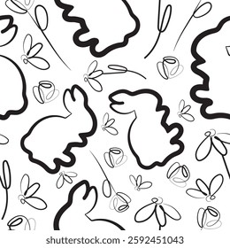 seamless pattern with simple icons of rabbits that wash with buds of various flowers in line art style arranged randomly, for logos or holiday designs