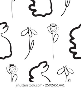 seamless pattern with simple icons of rabbits that washes with buds of various flowers in line art style, for logos or holiday designs
