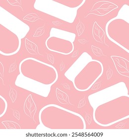 seamless pattern with simple icons of round cosmetic jar for cream and leaves on pink background