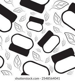 seamless pattern with simple icons of round cosmetic jar for cream and leaves arranged randomly
