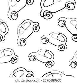 seamless pattern of simple icons of transport, namely a passenger car in the style of line art, drawn with an original contour, arranged chaotically, for logos and various designs