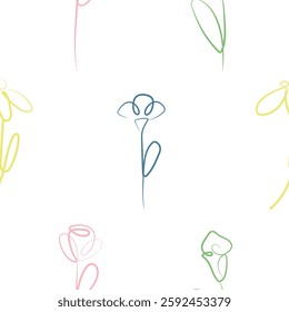 seamless pattern of simple icons of various types and various colors in line art style, for logos or various designs