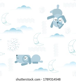 Seamless pattern with a simple image of a cute sleeping puppy, clouds, a sleeping month. Vector image of a sleeping dog with Doodle elements in light blue color on a white background.